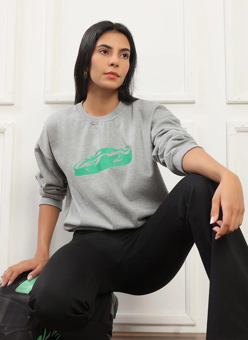 globus Globus Women Grey Graphic Print Drop Shoulder Sleeves Round Neck Ribbed Hem Pullover Sweatshirt (Fleece 260-280 GSM)